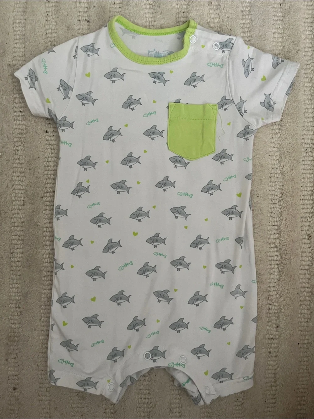 Coco Moon White & Lime Shark Pocket Baby One-Piece Bodysuit